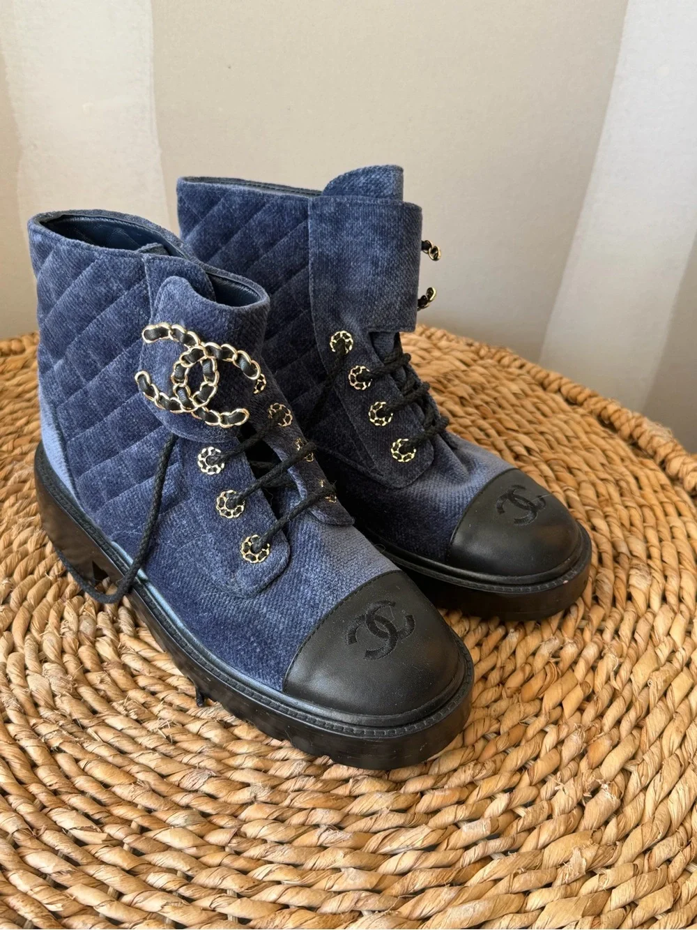 CHANEL Navy Quilted Denim Lace-Up Ankle Boots with Gold Chain CC